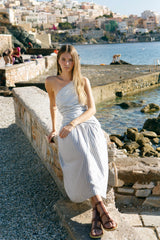 Dresses Ancient Kallos Riviera One Shoulder Midi Ruched Dress Greek Blue/Gold Apoella