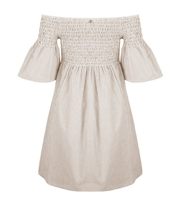 Dresses Apoella Arianna Smocked Bell Sleeve Mini Dress Striped Beige Apoella