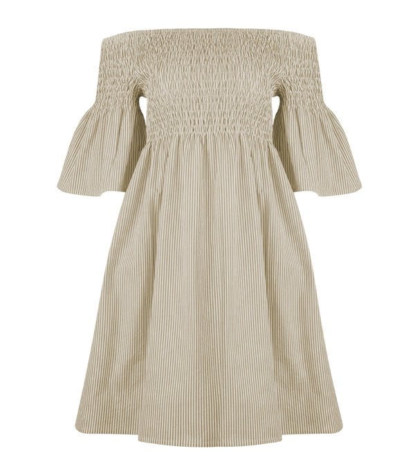 Dresses Apoella Arianna Smocked Bell Sleeve Mini Dress Striped Khaki Apoella