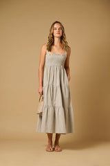 Dresses Apoella Helen Smocked Midi Dress Striped Khaki Apoella