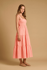 Dresses APOELLA Helen Smocked Midi Dress Striped Peach Pink Apoella