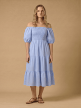 Dresses APOELLA Ophelia Smocked Maxi Puff Sleeve Dress Striped Blue Apoella