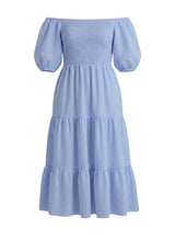 Dresses APOELLA Ophelia Smocked Maxi Puff Sleeve Dress Striped Blue Apoella