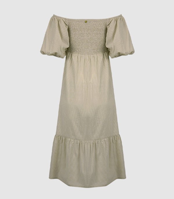 Dresses Apoella Ophelia Smocked Maxi Puff Sleeve Dress Striped Khaki Apoella