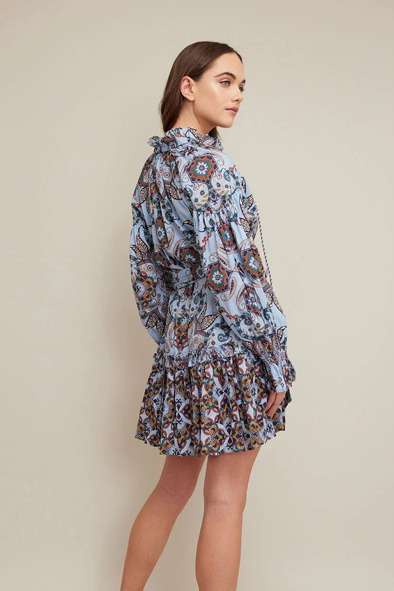 Dresses Cara Cara Poppy Long Sleeve Short Dress Blue Vintage Paisley Apoella