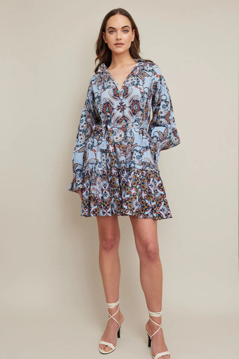 Dresses Cara Cara Poppy Long Sleeve Short Dress Blue Vintage Paisley Apoella