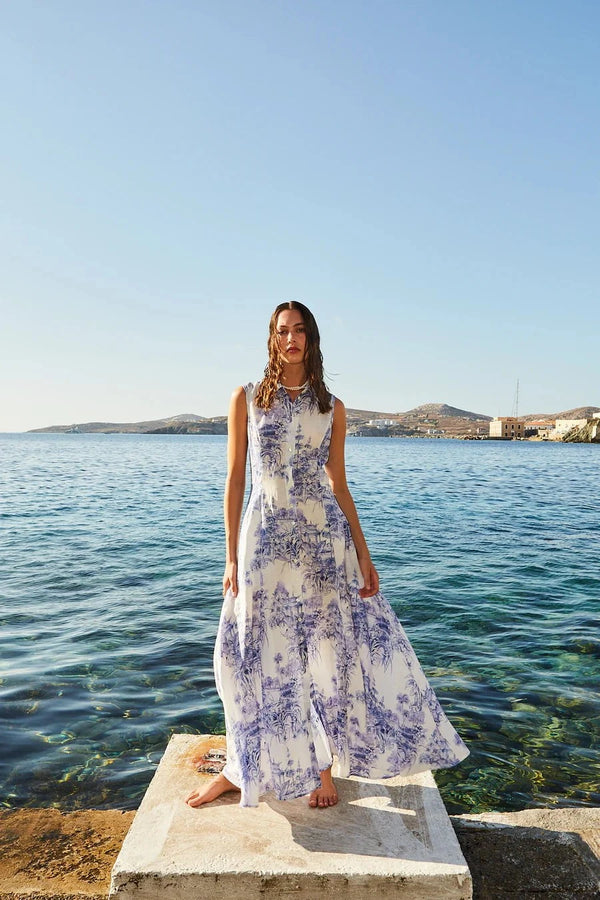 Dresses Evi Grintela Cara Long SL Long Sleeveless Dress White/Blue Flowers Apoella
