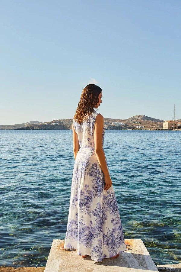 Dresses Evi Grintela Cara Long SL Long Sleeveless Dress White/Blue Flowers Apoella