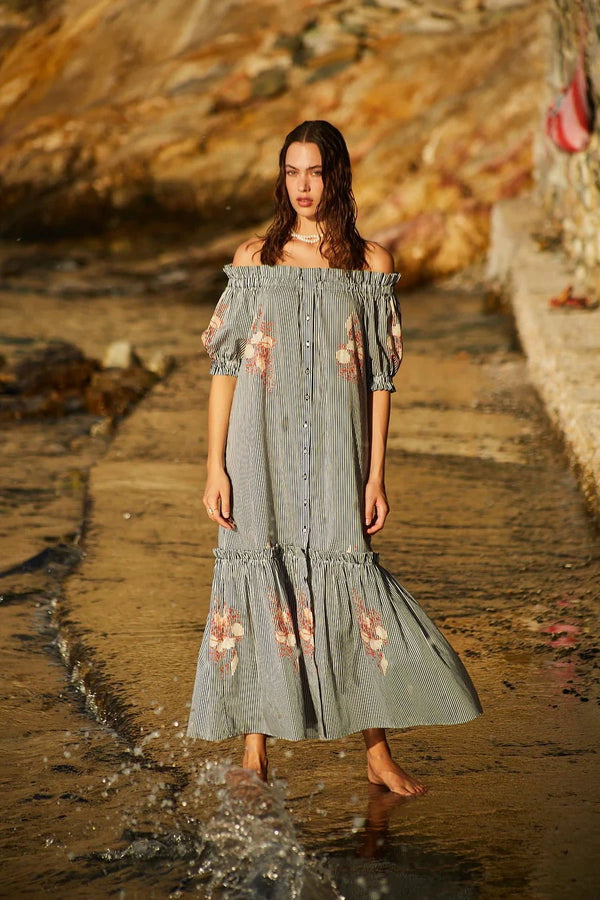 Dresses Evi Grintela Ira Off Shoulder Maxi Dress Blue/Red/White Stripes Apoella