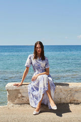 Dresses Evi Grintela Nellie Midi SS Midi Short Sleeve Dress Dress White/Blue Flowers Apoella