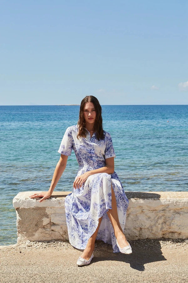 Dresses Evi Grintela Nellie Midi SS Midi Short Sleeve Dress Dress White/Blue Flowers Apoella