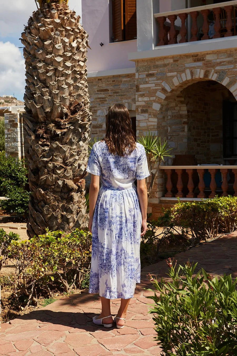 Dresses Evi Grintela Nellie Midi SS Midi Short Sleeve Dress Dress White/Blue Flowers Apoella