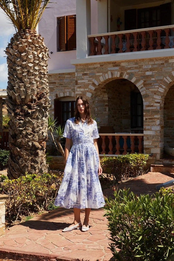 Dresses Evi Grintela Nellie Midi SS Midi Short Sleeve Dress Dress White/Blue Flowers Apoella