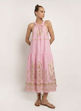 Dresses Greek Archaic Kori Feather Halter Long Dress Pink/Champagne Apoella