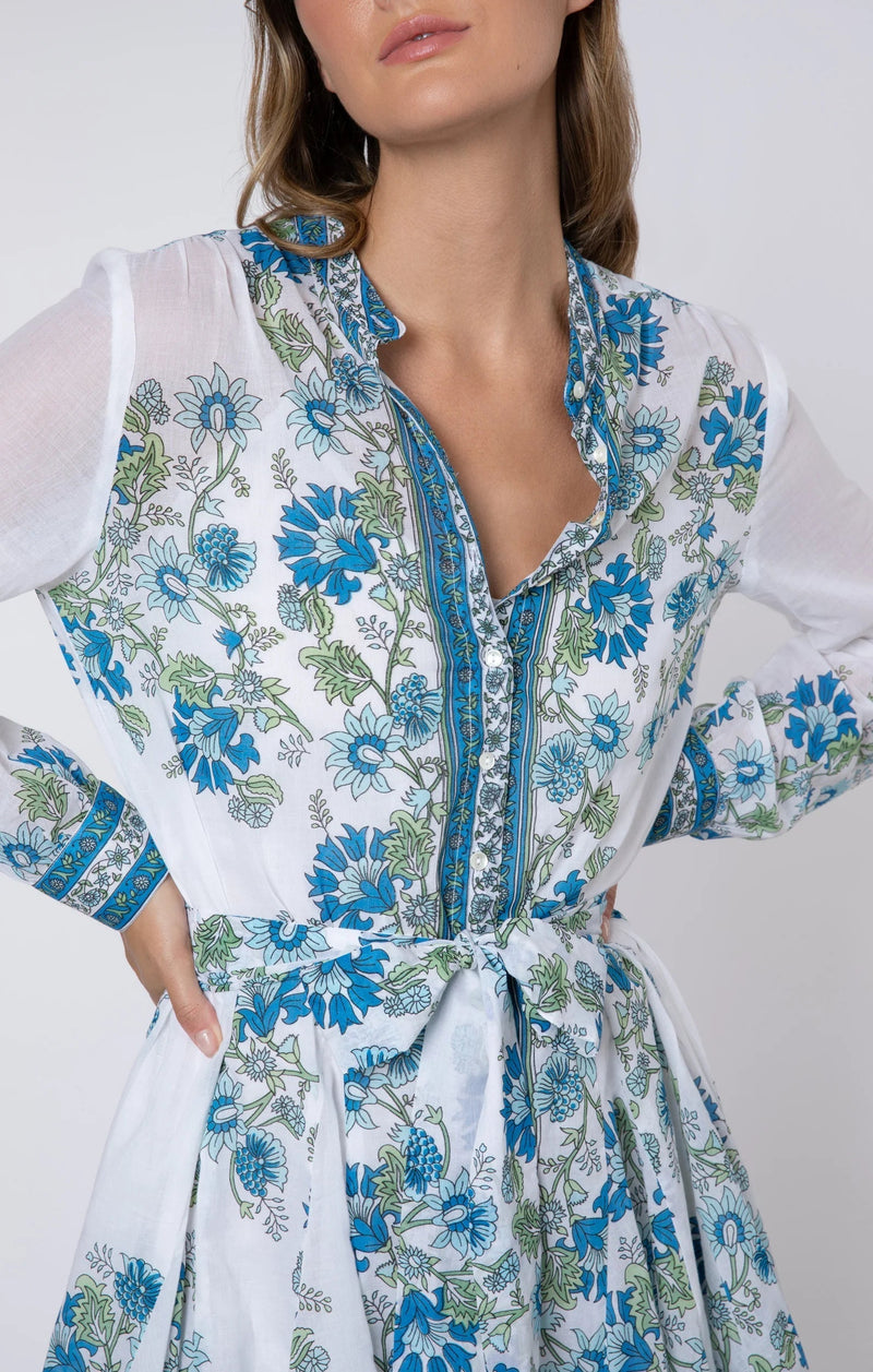 Dresses Juliet Dunn Long Sleeve Godet Dress Rose Border Print White/blue/aqua Apoella