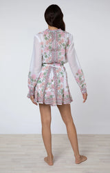 - Long Sleeve Godet Dress Rose Border Print White /candy/peach Apoella