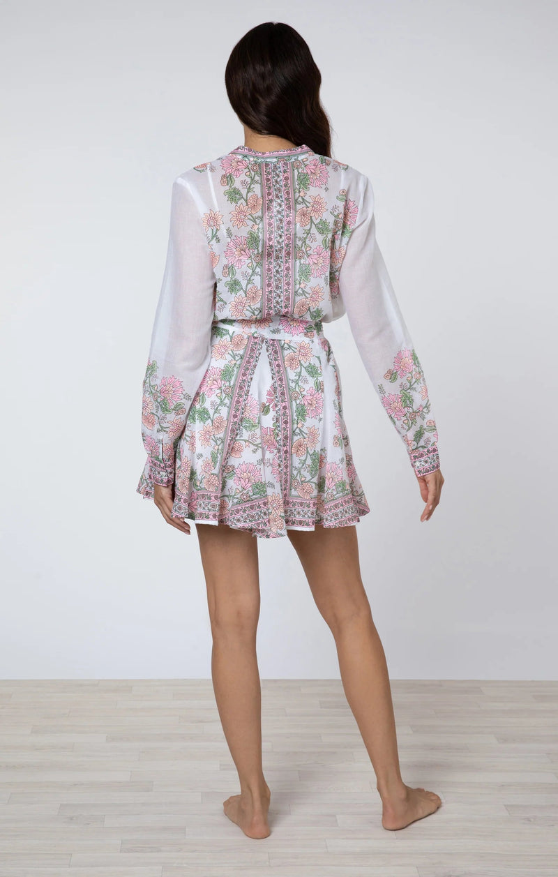 - Long Sleeve Godet Dress Rose Border Print White /candy/peach Apoella