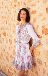 - Long Sleeve Godet Dress Rose Border Print White /candy/peach Apoella