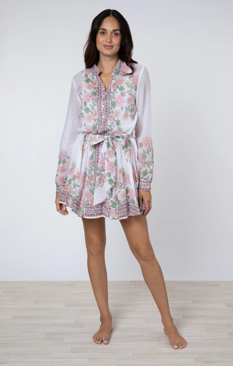 - Long Sleeve Godet Dress Rose Border Print White /candy/peach Apoella