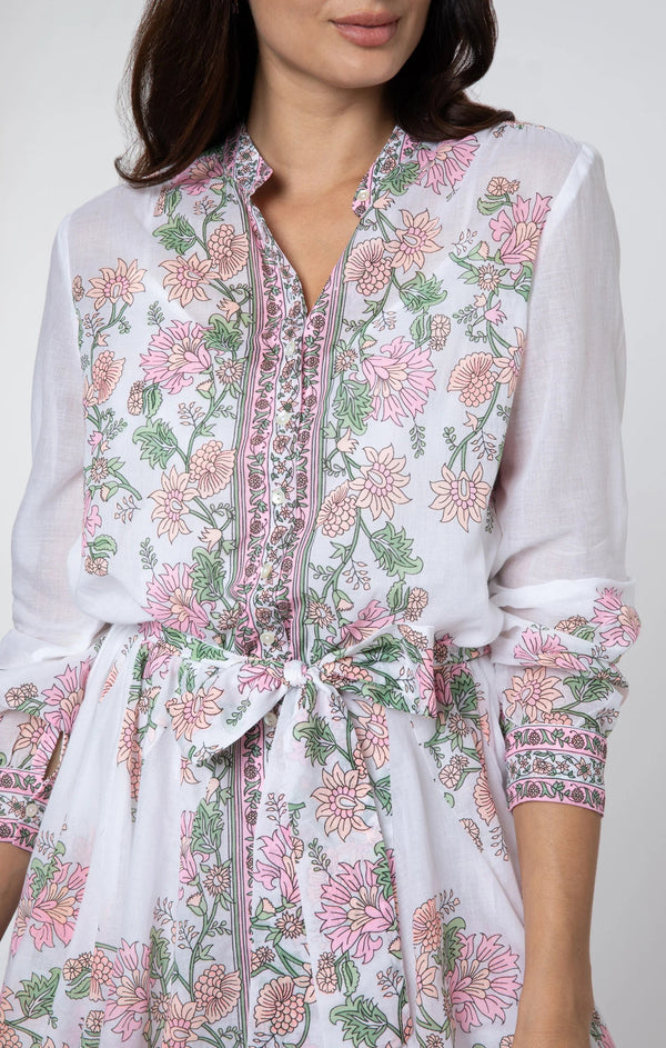 - Long Sleeve Godet Dress Rose Border Print White /candy/peach Apoella