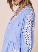 Dresses Juliet Dunn Loose Mini Dress Oversized Cutwork Embroidery Blue/White Apoella