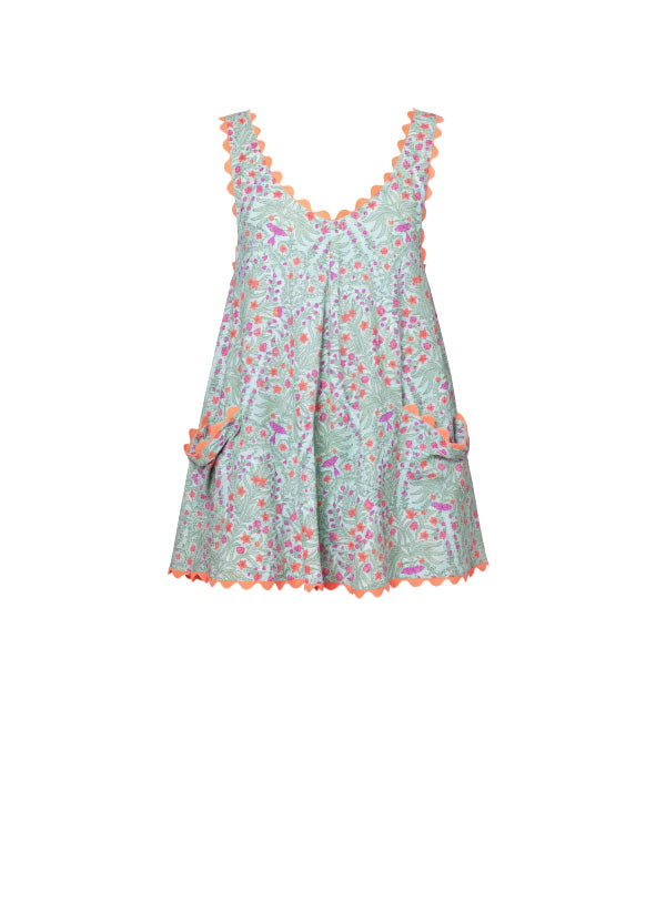 Dresses Juliet Dunn Low Back Dress Ditzy Block Print With Ric Rac Aqua/Neon Red ONE SIZE / Aqua Neon Red Apoella