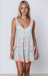 Dresses Juliet Dunn Low Back Dress Ditzy Block Print With Ric Rac Aqua/Neon Red ONE SIZE / Aqua Neon Red Apoella