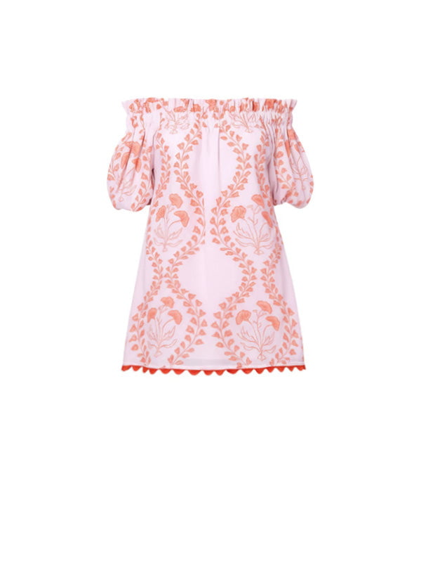 Dresses Juliet Dunn Off-shoulder Mini Dress Ginkgo Block Print & Ric Rac Pale Pink/Red Apoella