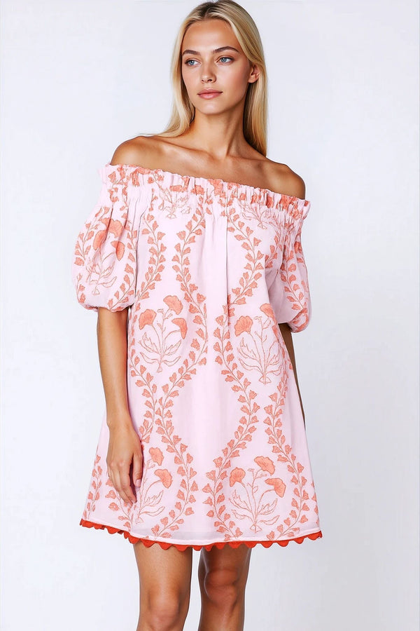 Dresses Juliet Dunn Off-shoulder Mini Dress Ginkgo Block Print & Ric Rac Pale Pink/Red Apoella