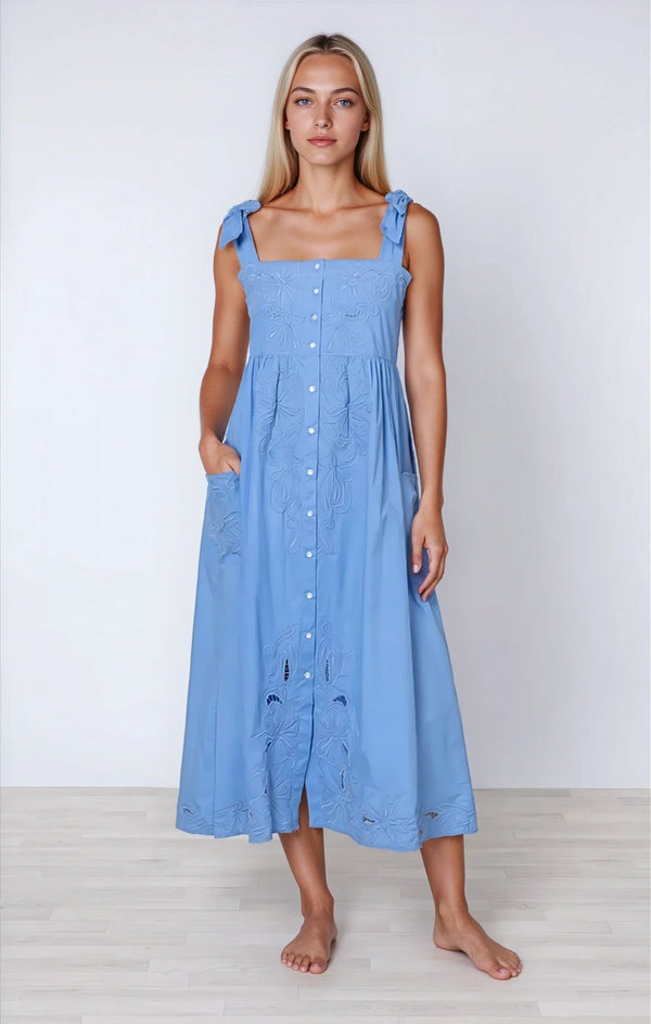 Dresses Juliet Dunn Poplin Tie Shoulder Dress With Cut-out Embroidery Periwinkle Apoella