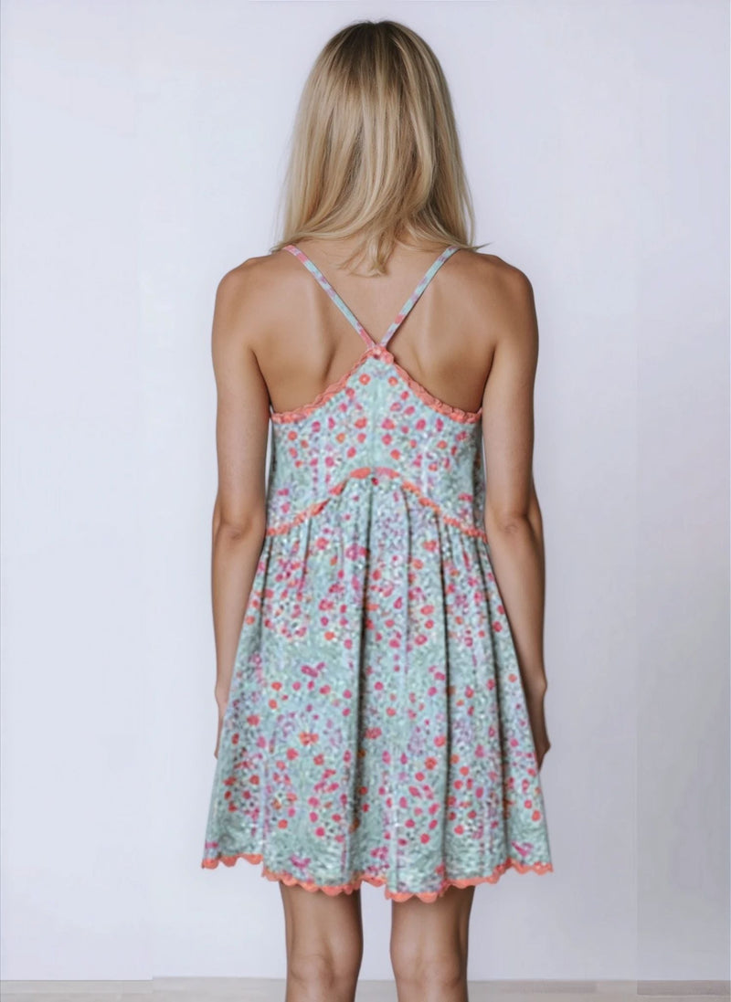 Dresses Juliet Dunn Racer Back Dress Ditzy Print Aqua/Neon Red Apoella