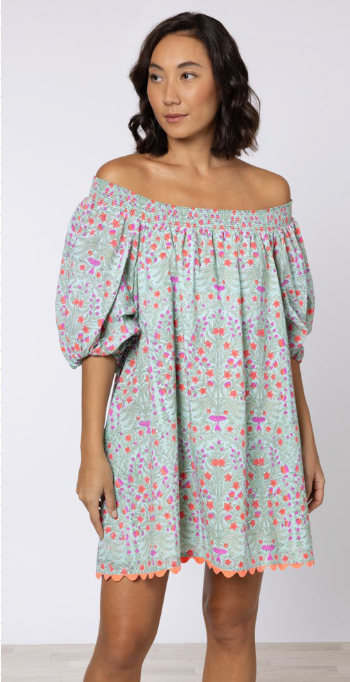 Dresses Juliet Dunn Shirred Boho Dress Ditzy Print With Ric Rac Aqua/Neon Red ONE SIZE / Color Apoella