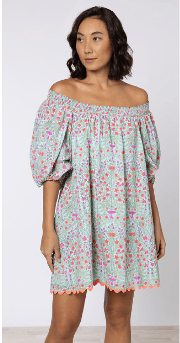 Dresses Juliet Dunn Shirred Boho Dress Ditzy Print With Ric Rac Aqua/Neon Red ONE SIZE / Color Apoella