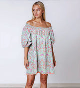 Dresses Juliet Dunn Shirred Boho Dress Ditzy Print With Ric Rac Aqua/Neon Red ONE SIZE / Color Apoella
