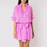 Dresses Juliet Dunn Small Flower Block Print Short Blouson Dress W. Lurex Stripe Orchid/silver Apoella