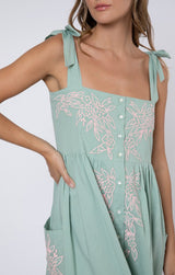 Dresses Juliet Dunn Tie Shoulder Dress W.Floral Embroidery Sage/Candy 2 / Sage Apoella