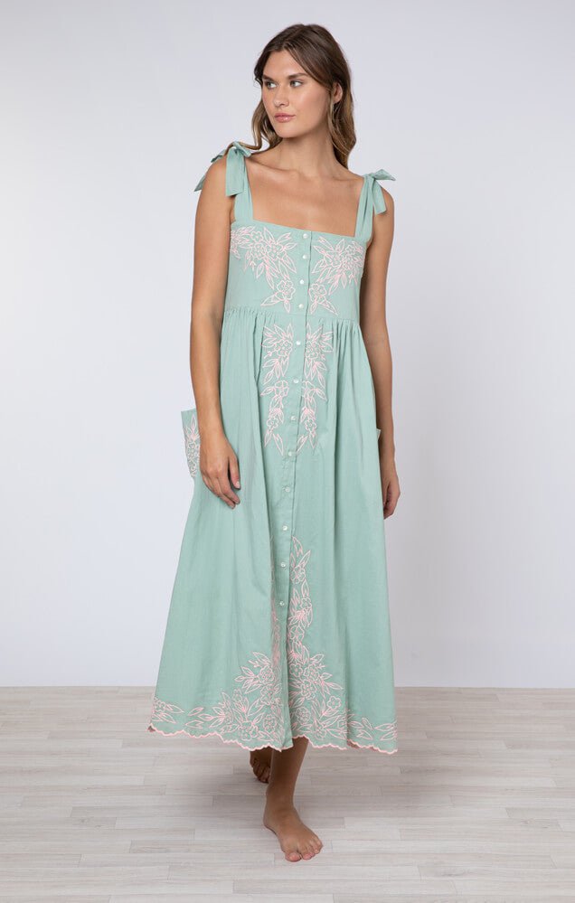 Dresses Juliet Dunn Tie Shoulder Dress W.Floral Embroidery Sage/Candy 2 / Sage Apoella