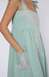 Dresses Juliet Dunn Tie Shoulder Dress W.Floral Embroidery Sage/Candy 2 / Sage Apoella