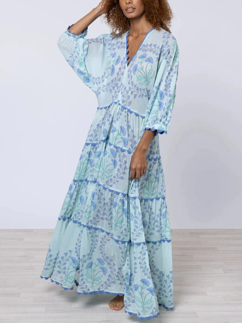 Dresses Juliet Dunn V-neck Loose Maxi Dress Ginkgo Print & Ric Rac Aqua/Blue Apoella