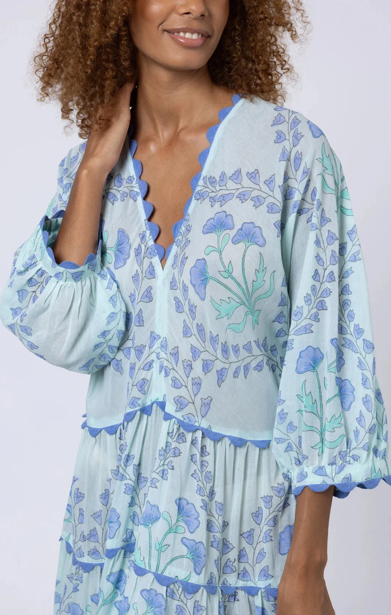 Dresses Juliet Dunn V-neck Loose Maxi Dress Ginkgo Print & Ric Rac Aqua/Blue Apoella