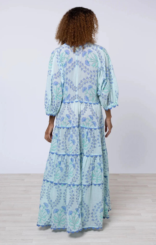 Dresses Juliet Dunn V-neck Loose Maxi Dress Ginkgo Print & Ric Rac Aqua/Blue Apoella