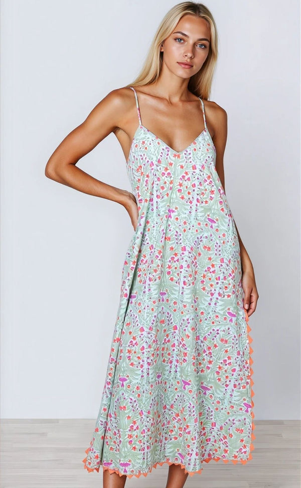 Dresses Juliet Dunn V-neck Slip Dress Ditzy Print With Ric Rac Aqua/Neon Red Apoella