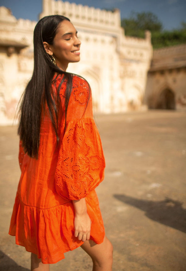 Dresses Scarlett Poppies Sunshine Babe Short Emboidered Ramie Full Sleeve Short Shirtdress Living Coral Apoella