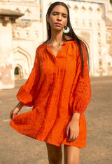 Dresses Scarlett Poppies Sunshine Babe Short Emboidered Ramie Full Sleeve Short Shirtdress Living Coral Apoella