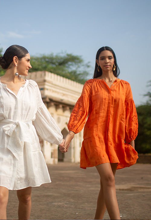 Dresses Scarlett Poppies Sunshine Babe Short Emboidered Ramie Full Sleeve Short Shirtdress Living Coral Apoella