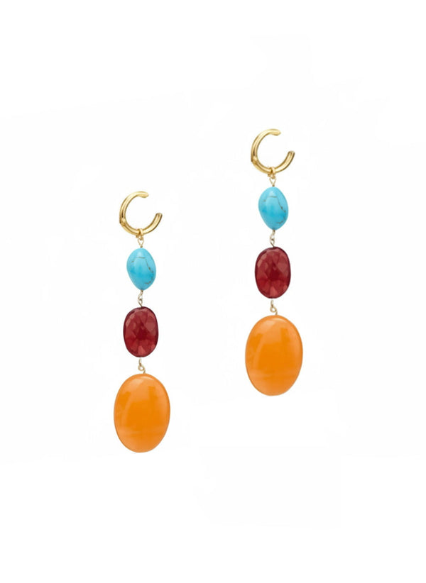 Earrings Antonia Karra Triple Drop Earrings Turquoise/Ruby/Orange Jade Gold Plated O/S Apoella