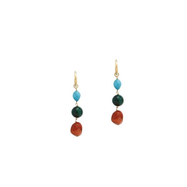 Earrings Antonia Karra Triplet Long Beads Earrings Turquoise/Malachite/Coral Gold Plated O/S Apoella