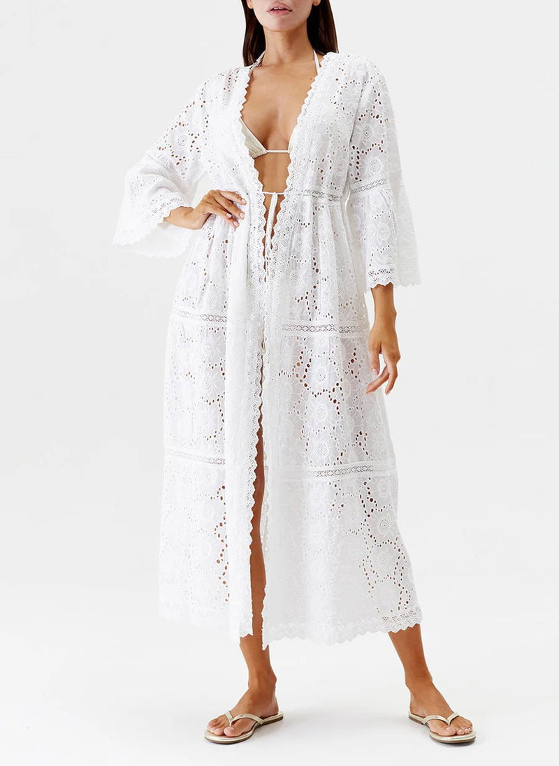 Kimono Melissa Odabash Ava Long Broderie Kimono White Apoella