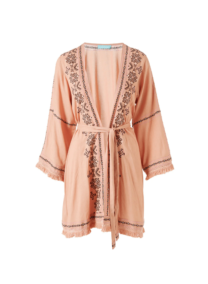 Melissa Odabash Kara Open Front Embroidered Fringed Short Kimono Tan Brown / S Apoella