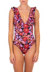 One-Piece Emmanuela Swimwear Rania V Neck Ruffled One-piece Bordeaux/Purple Flowers Apoella